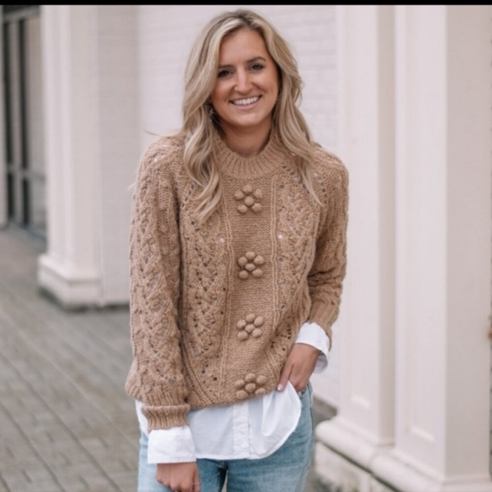 J.CREW Camel Popcorn Pom Pom Wool Alpaca Blend Funnel Neck Cable‎ Knit Sweater M